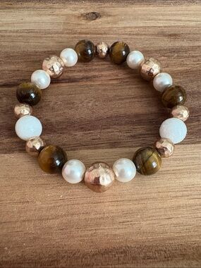 Handmade Pearl, Tiger Eye and Gold Bead Stretch Bracelet
